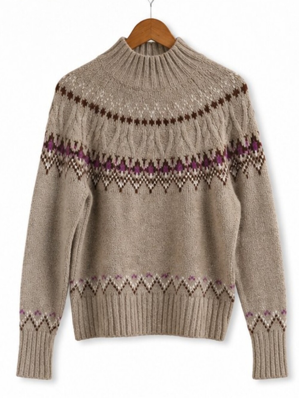 Nicole Miller Artelier XS Fair Isle Cable Knit Mock Neck Sweater